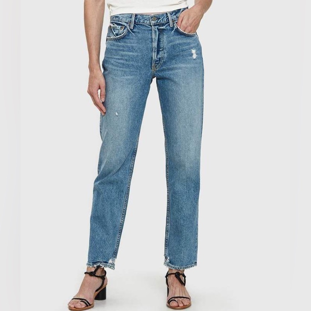 GRLFRND Helena High Rise Long Jeans Straight Leg Light Wash‎ Distress